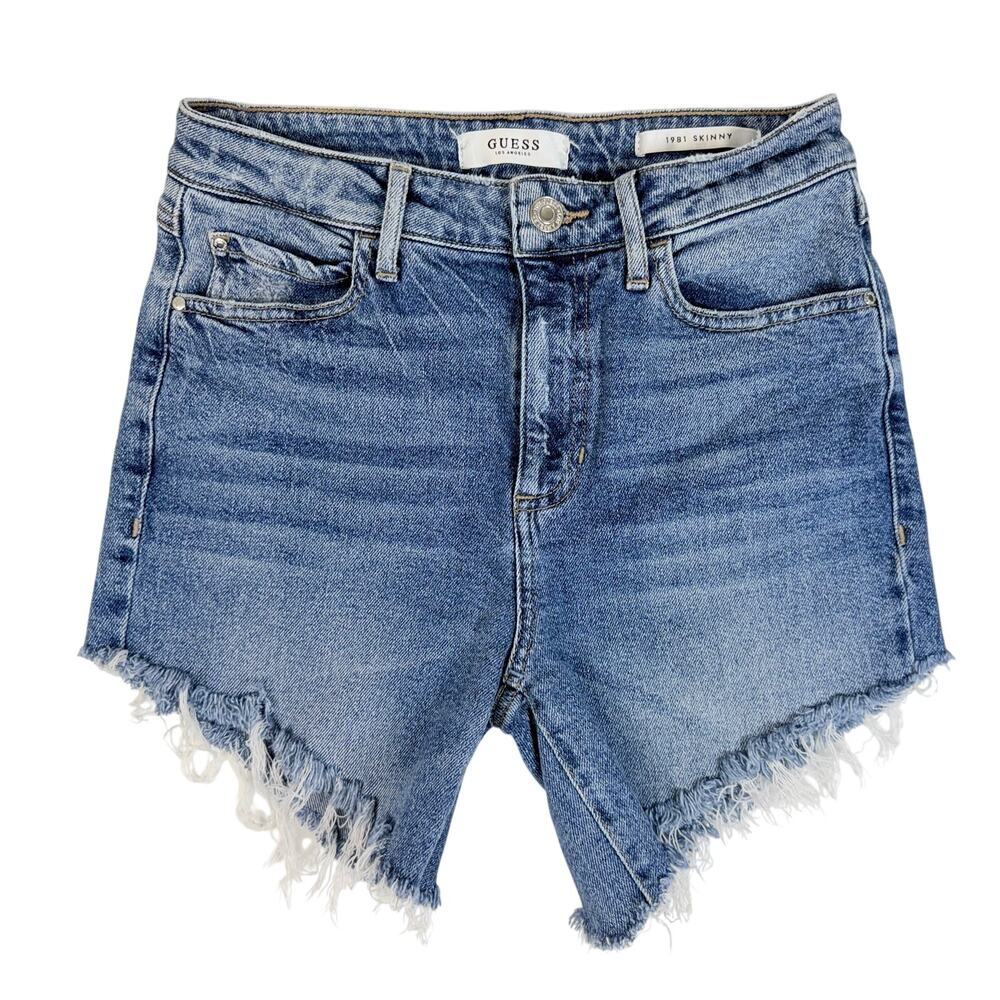 Guess 1981 Skinny Denim Shorts Womens 26 27 Small Distressed Raw Hem Blue